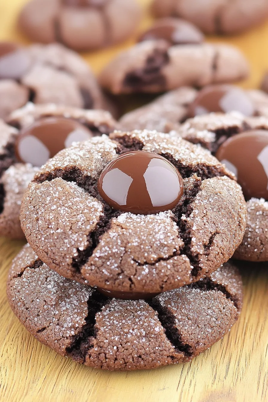 Close-up of cracked, fudgy cookies showing a soft center.