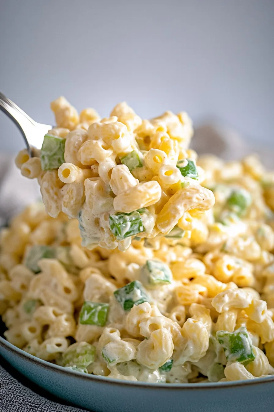 Bowl of creamy macaroni salad with colorful vegetables mixed in