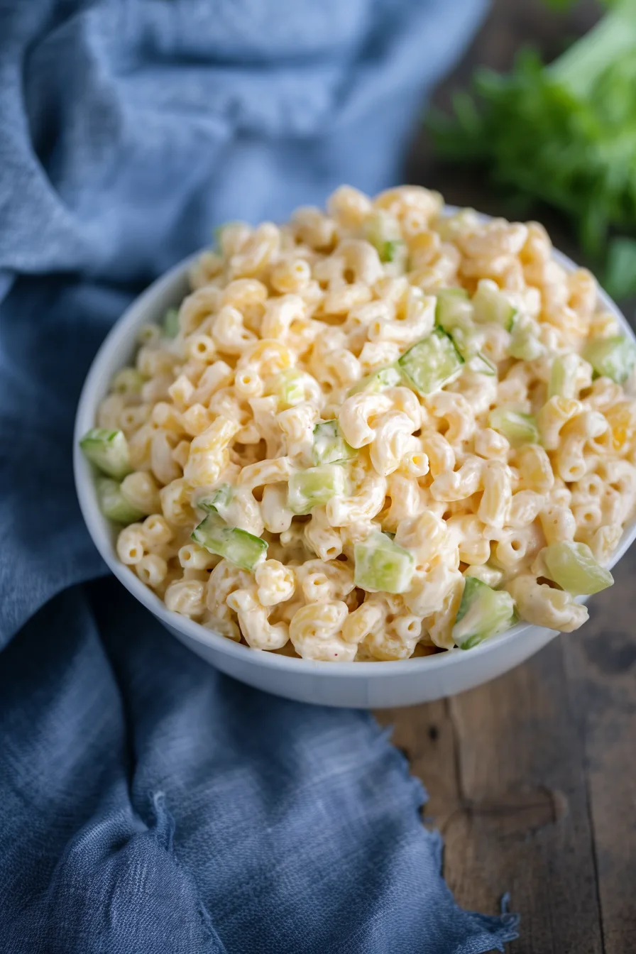 Dolly Parton’s macaroni salad served in a rustic white bowl