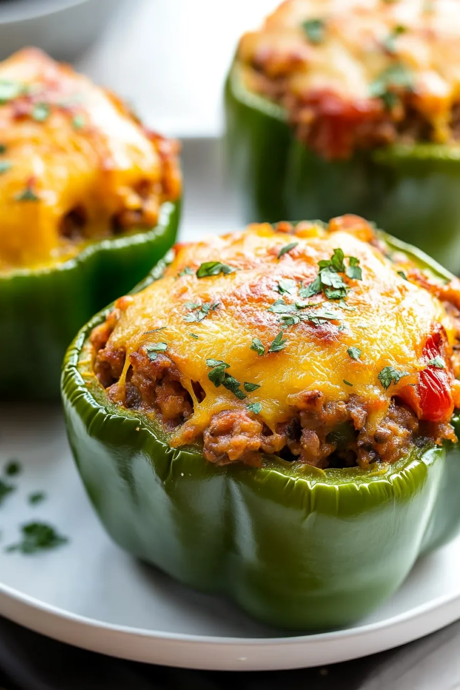 Close-up of stuffed peppers with a golden baked topping