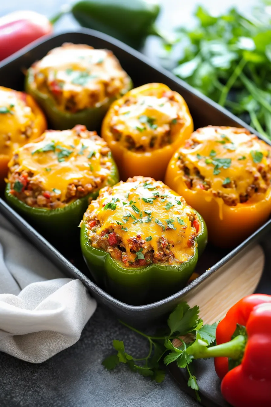 Overhead view of roasted peppers filled with savory stuffing