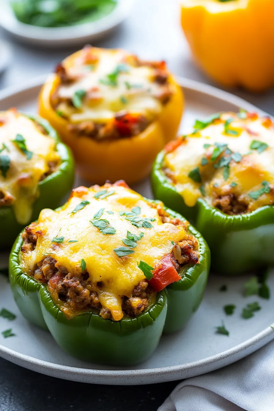 Plated stuffed peppers with herbs sprinkled on top