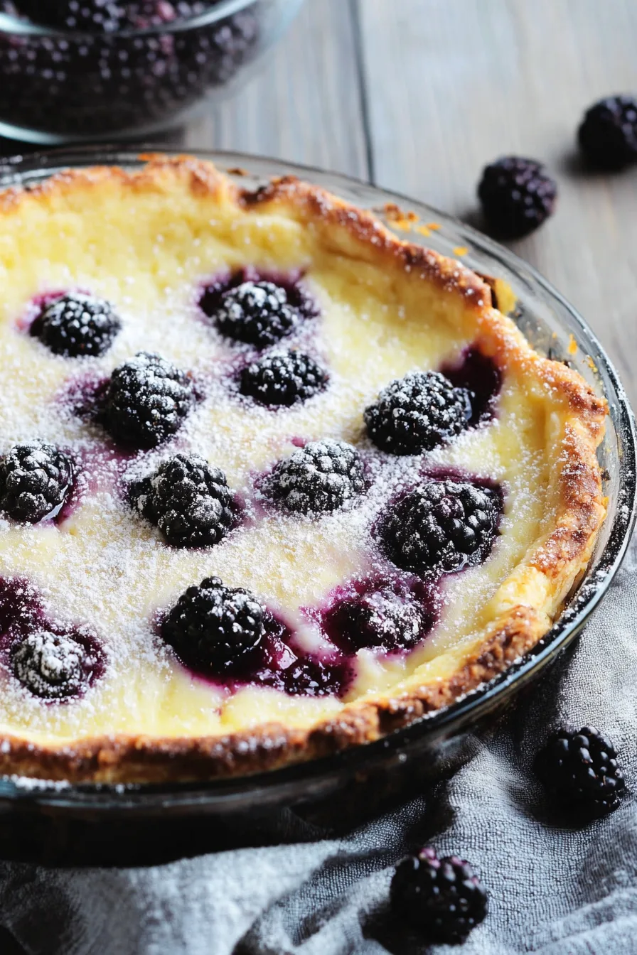 Baked dessert with blackberries nestled in a golden, custard-like base, dusted with powdered sugar.