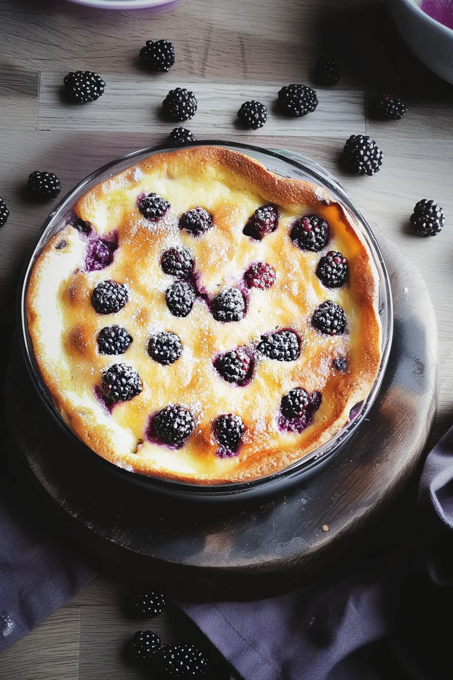 Overhead shot of the baked dessert in a round dish with fresh blackberries on top.