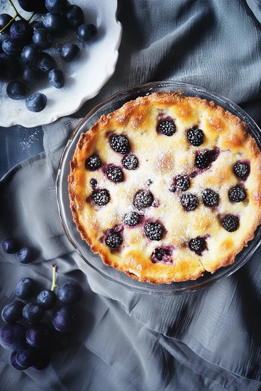 Golden baked clafoutis dusted with powdered sugar and dotted with blackberries.