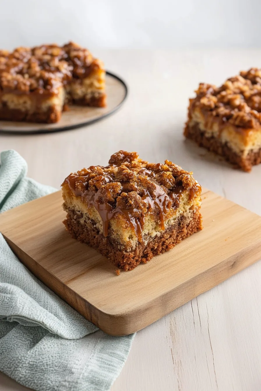 Slice of moist cake with a caramel drizzle on top of a crumbly layer.