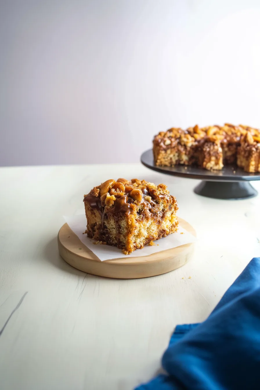 Golden-brown dessert square served on a wooden board.