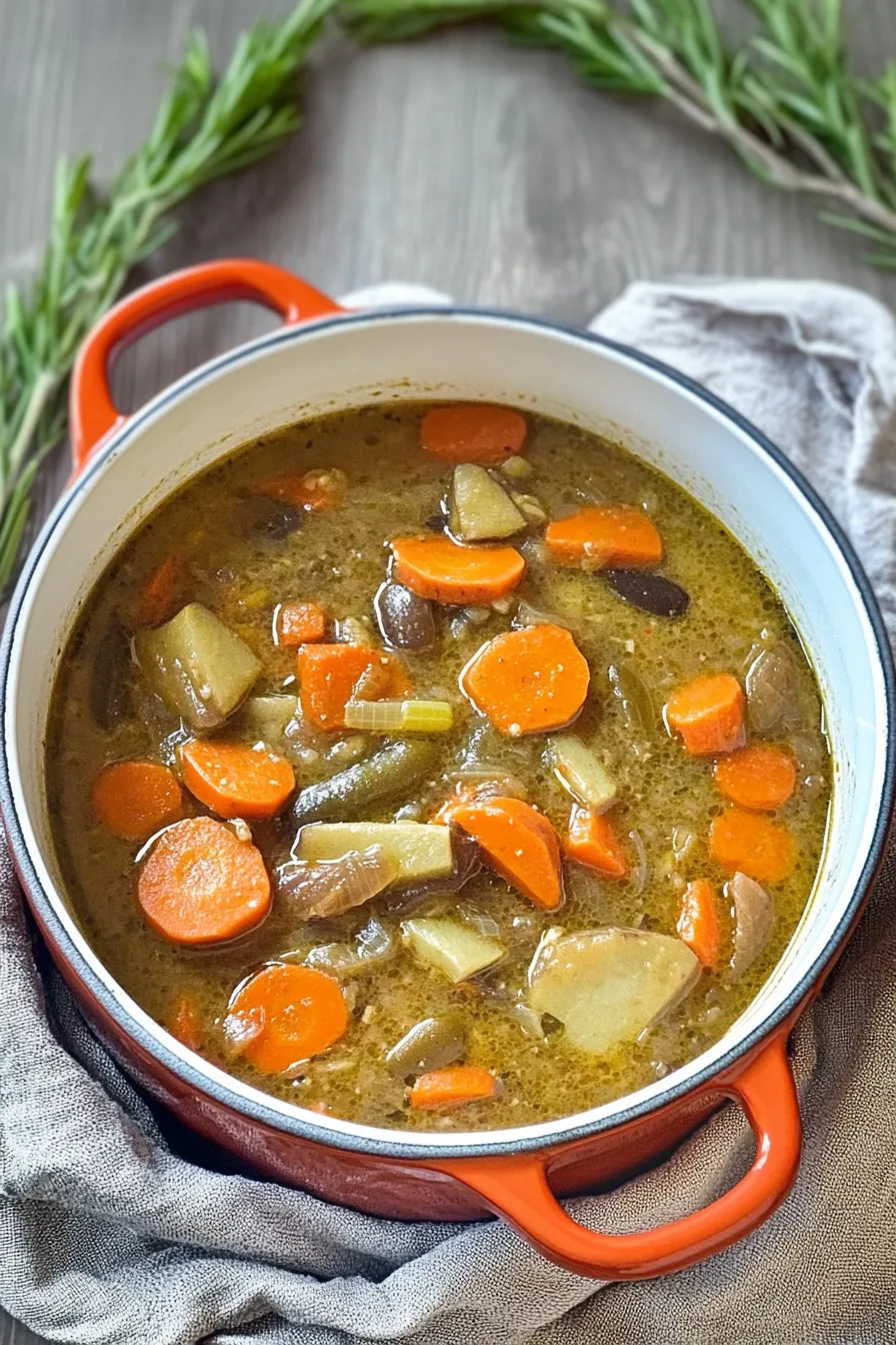 Overhead shot of a pot filled with rich, slow-cooked vegetables.