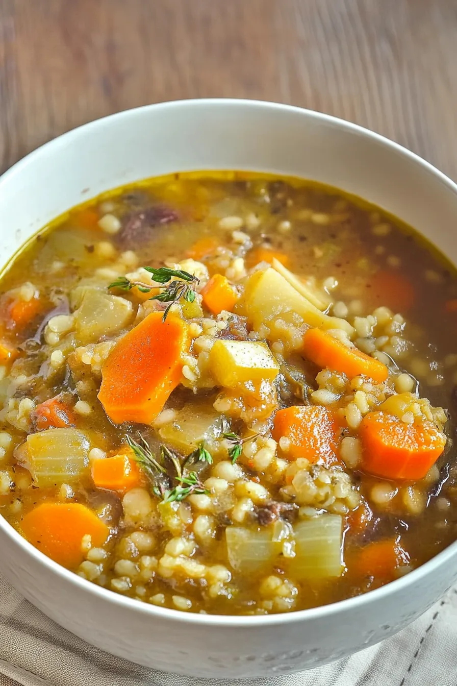 Close-up of hearty pottage showing chunks of carrots, potatoes, and beans.
