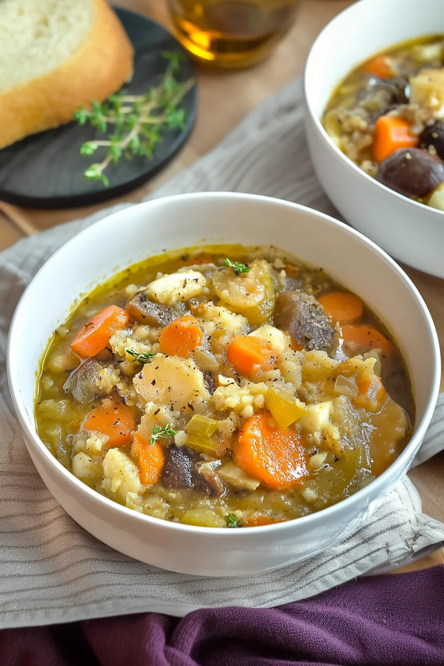 Warm, comforting vegetable soup in a ceramic bowl on a wooden table.