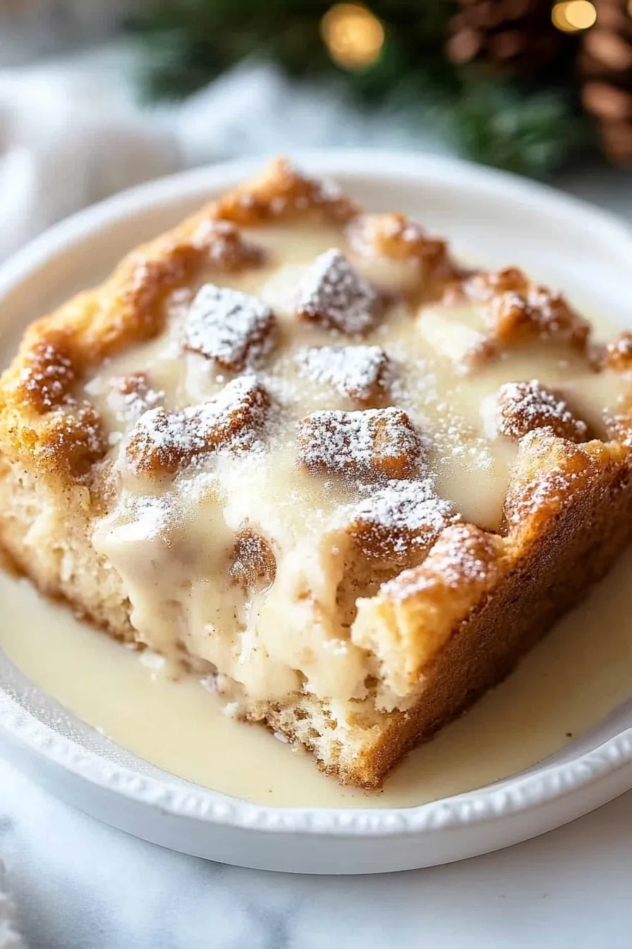 Close-up of a warm bread pudding slice topped with whipped cream