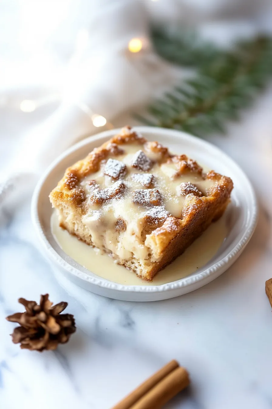 Festive dessert with soft bread cubes and a light sprinkle of nutmeg