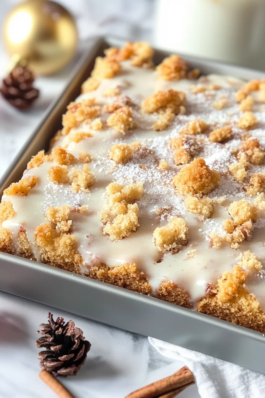 Close-up of golden cake with a creamy layer and buttery crumb topping.