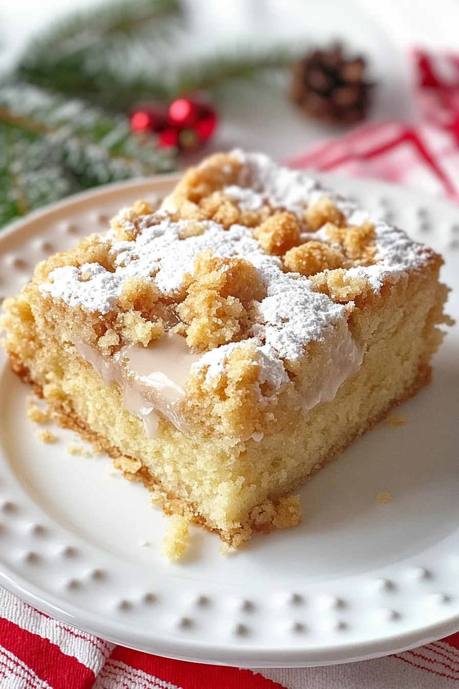 A slice of moist crumb cake topped with powdered sugar on a festive plate.