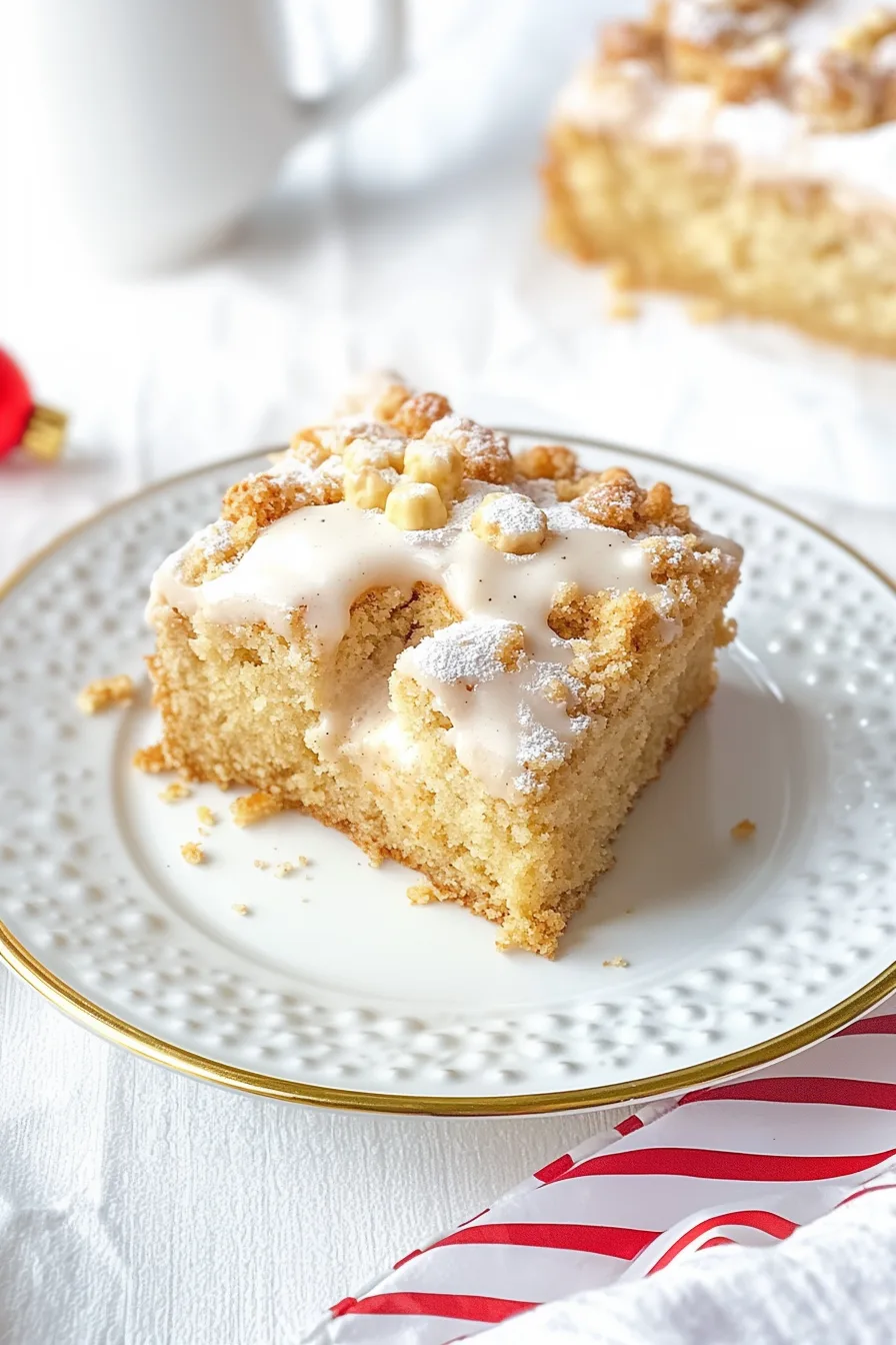 Single slice of rich cake with streusel topping on a white plate.