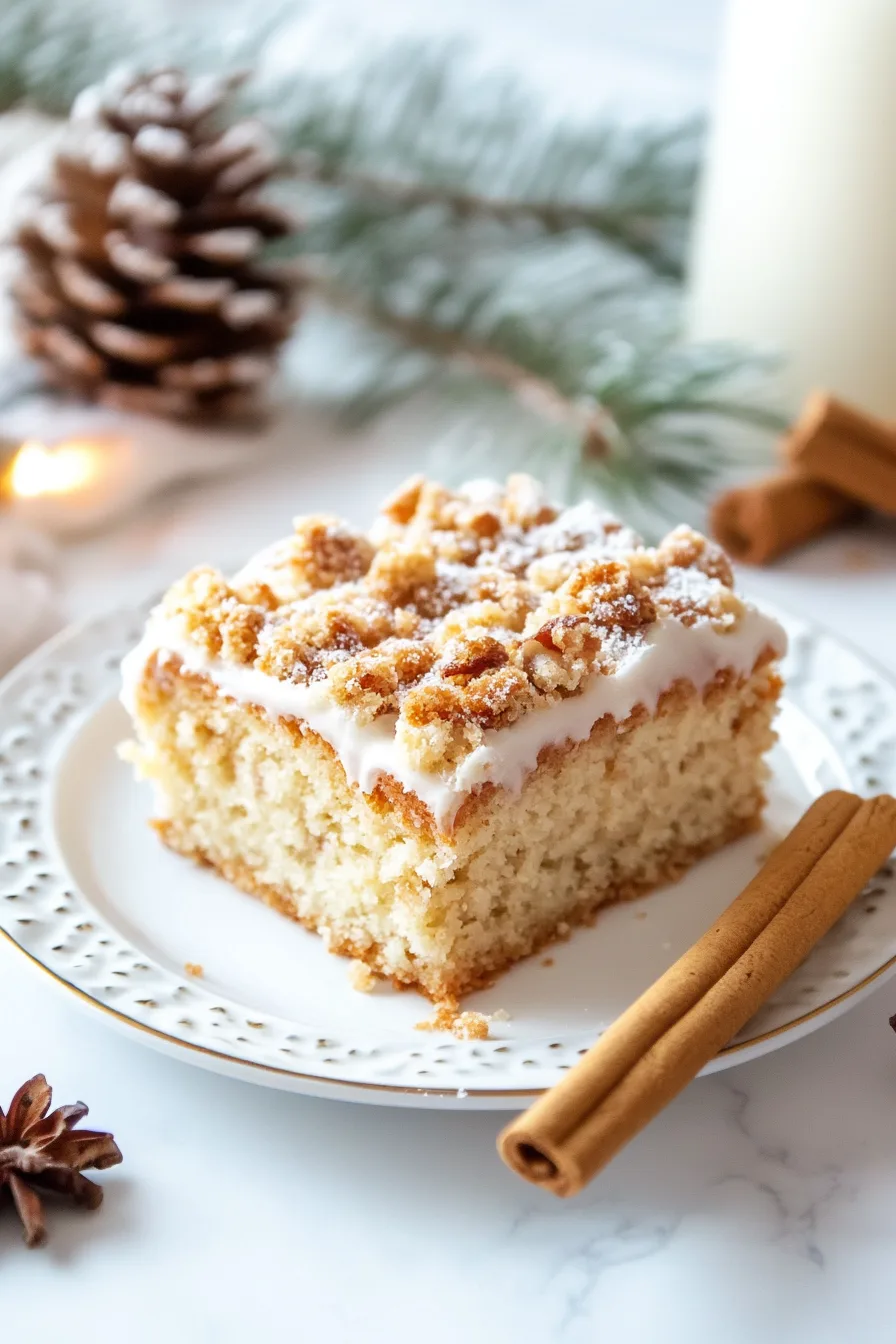 Holiday-style crumb cake served with a dusting of powdered sugar.