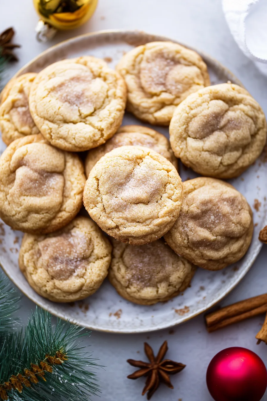 Freshly baked cookies stacked together, showing a crackly sugar top.