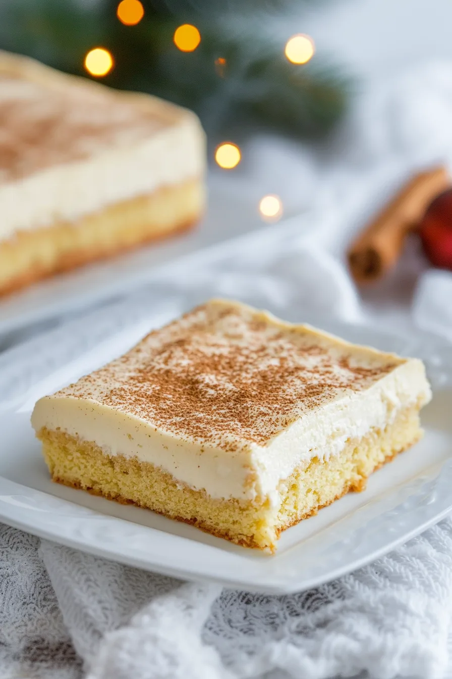 Eggnog Texas Sheet Cake with rich frosting and nutmeg garnish for a holiday touch.