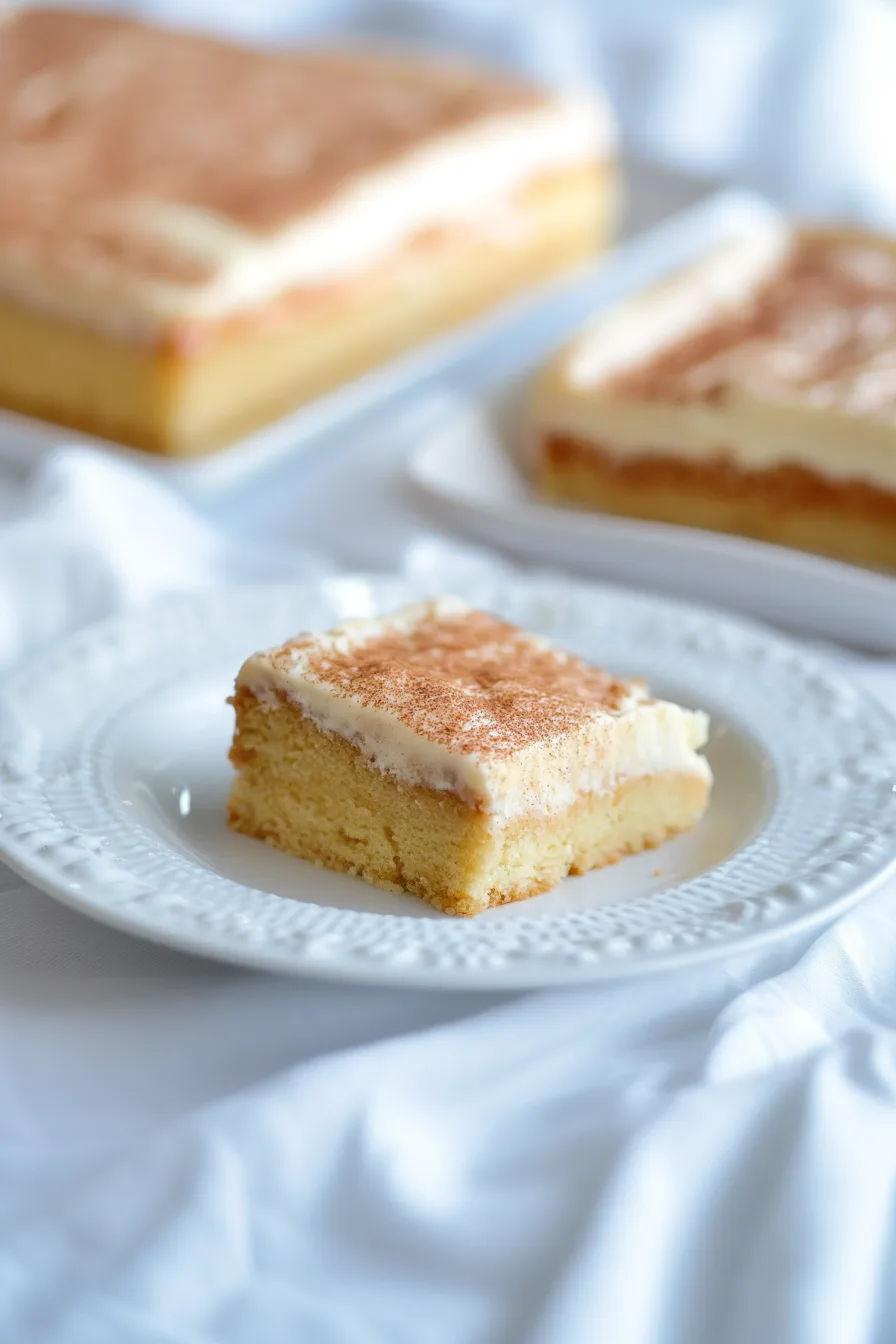 Festive holiday cake square served on a white plate with creamy topping.
