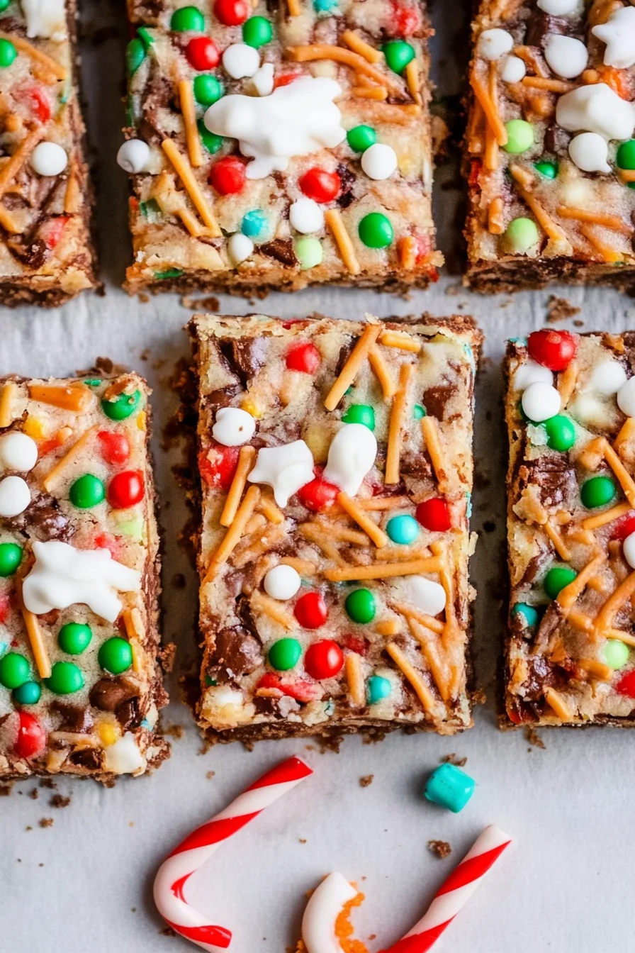 Playful holiday bars covered in sprinkles, candy-coated chocolates, and sweet drizzle.
