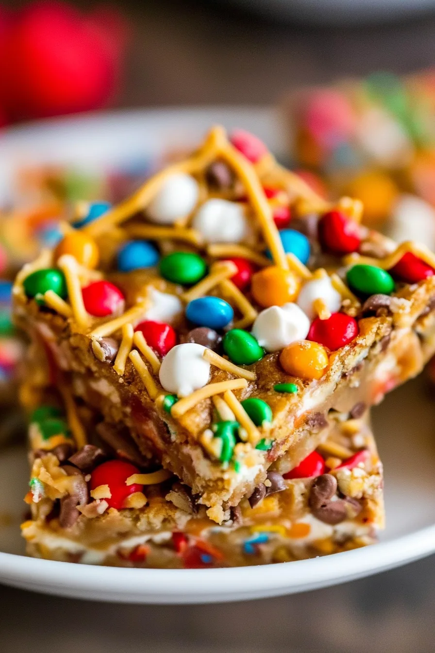 Cookie bars topped with colorful candies, white drizzle, and sweet sprinkles.
