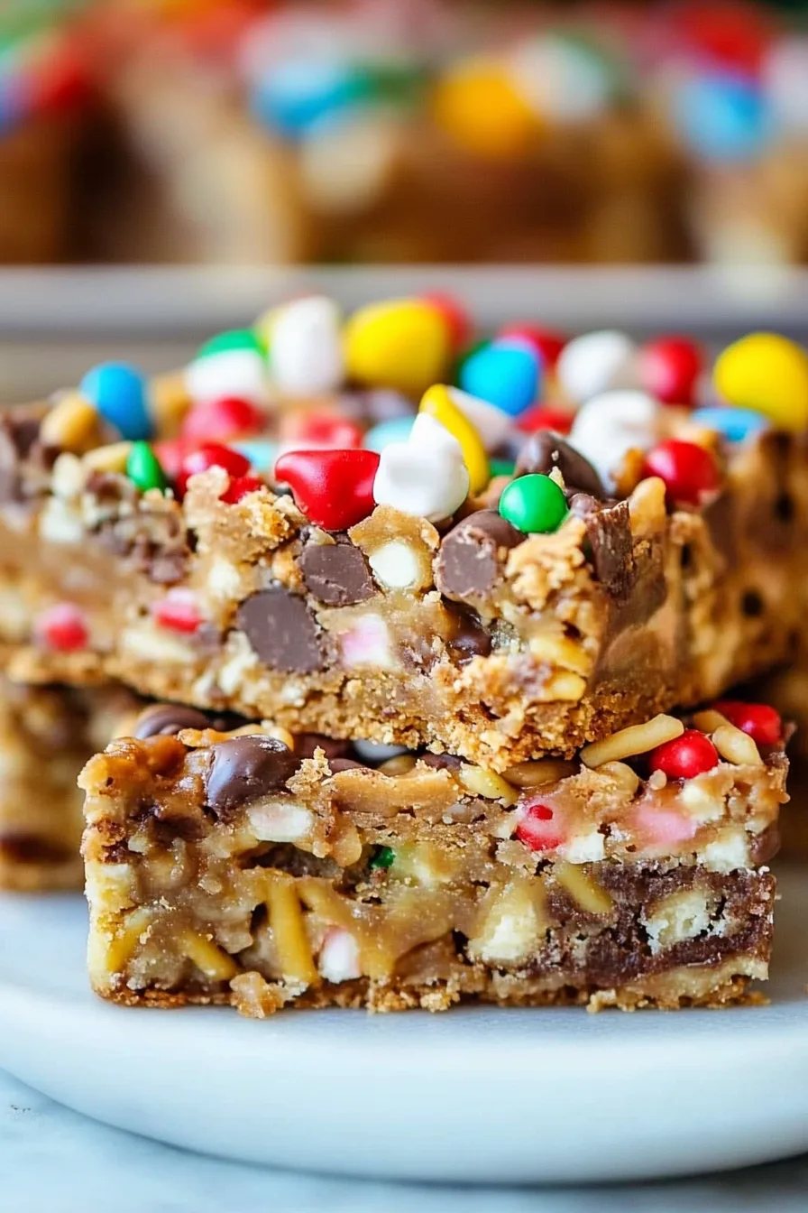 Close-up of festive dessert squares decorated with red, green, and yellow candy pieces.