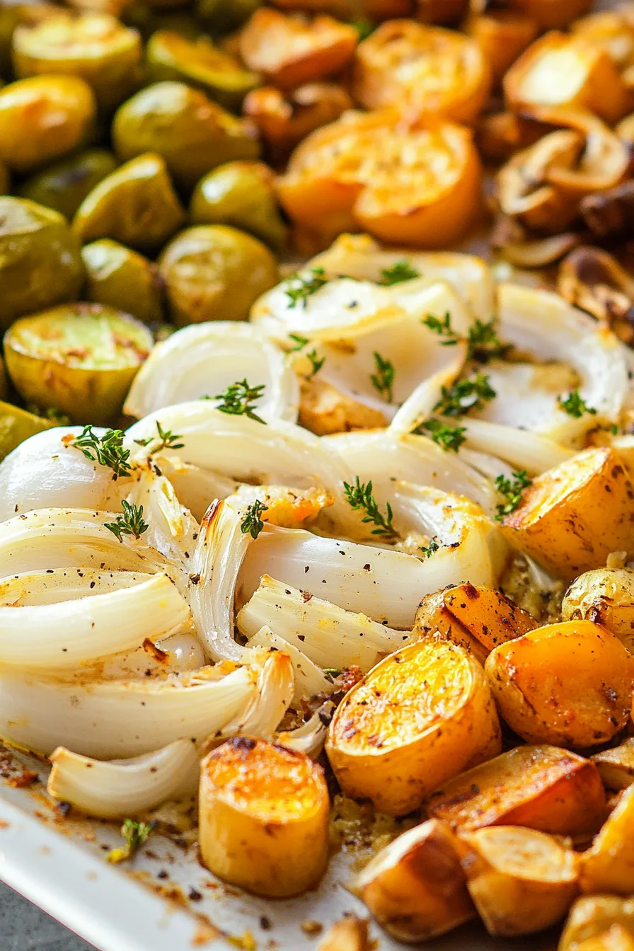 Sheet pan filled with roasted autumn vegetables fresh from the oven