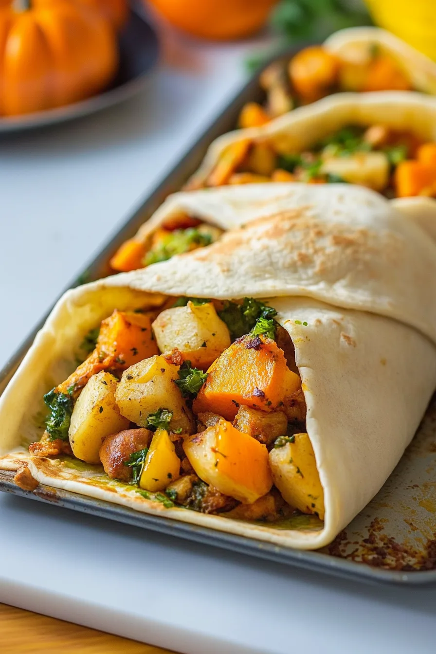 Plated serving of roasted root vegetables and greens from a sheet pan