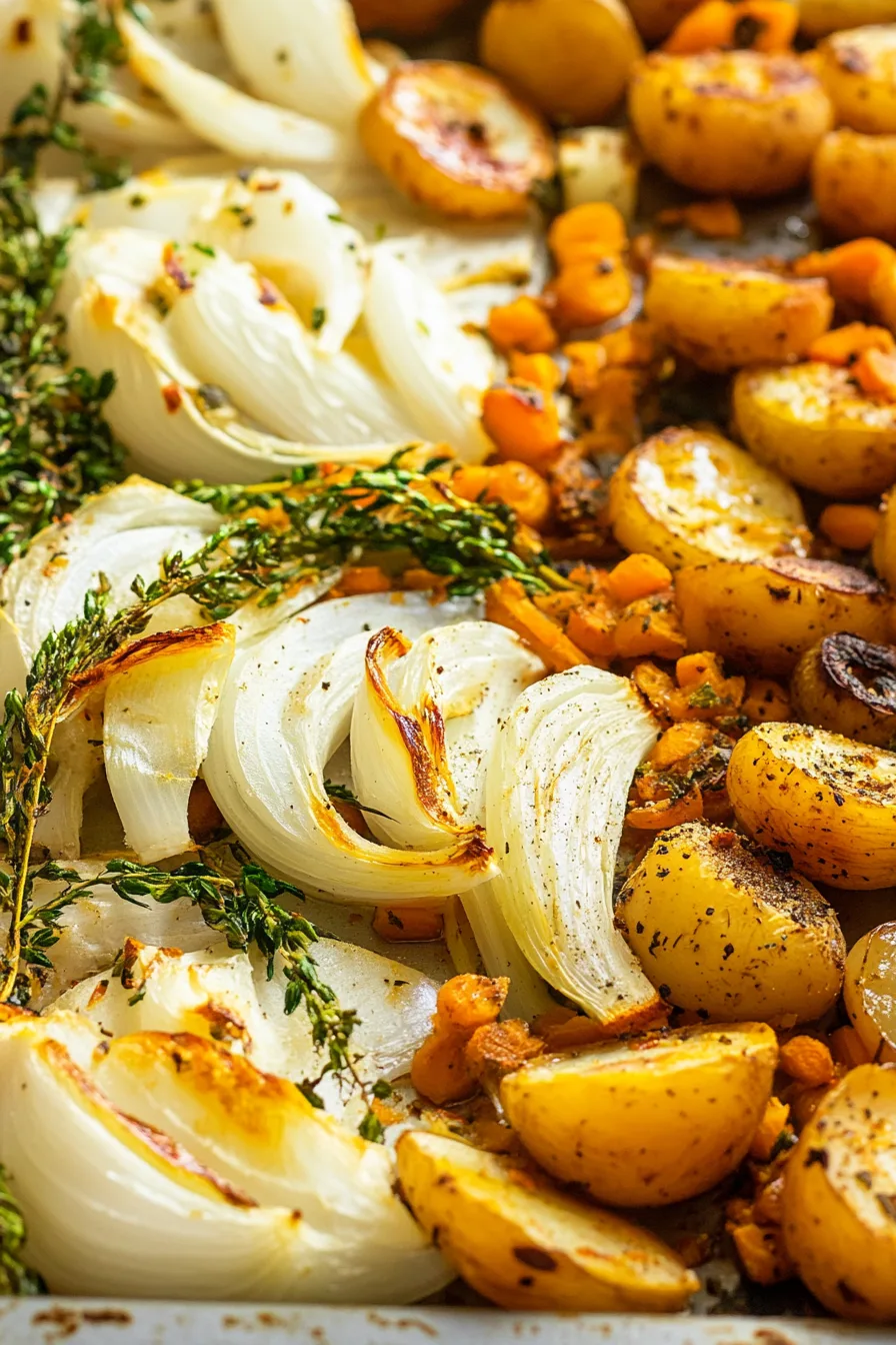 Close-up of golden roasted squash, carrots, and Brussels sprouts
