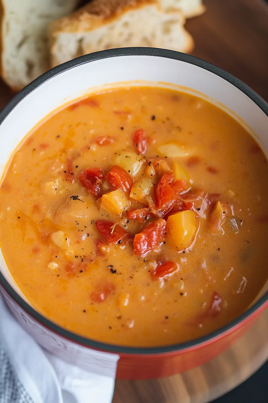Hearty homemade soup with roasted tomato pieces and a sprinkle of herbs.