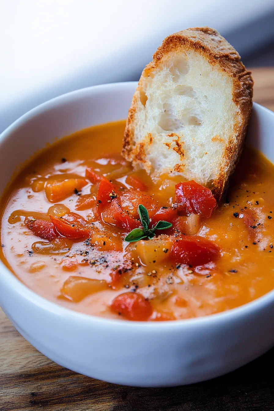 Warm bowl of tomato soup served with slices of crusty bread on the side.