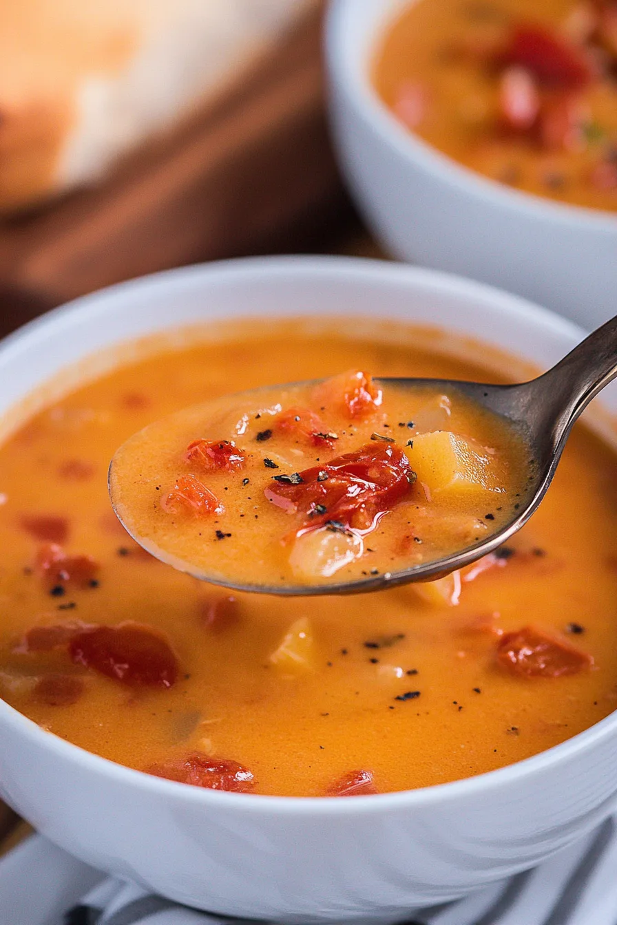Close-up of rich, orange-red soup with black pepper and chunks of tomato.