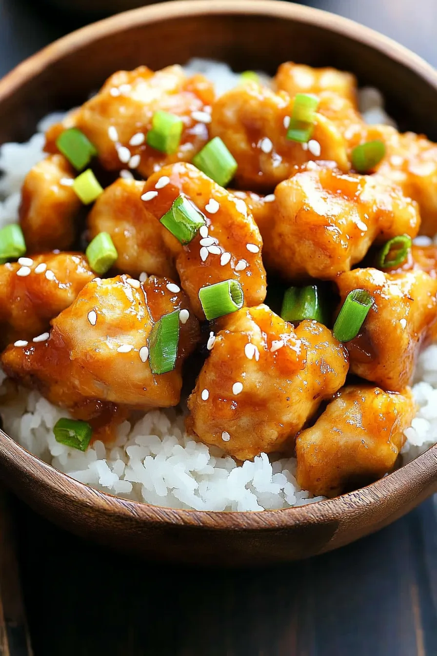 Close-up of golden chicken bites topped with sesame seeds and green onions