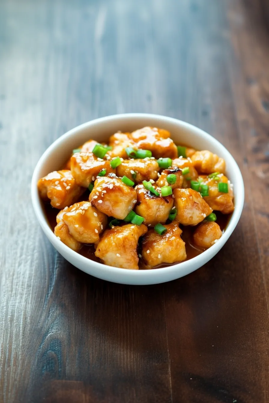 Crispy chicken pieces coated in a glossy sweet and spicy sauce