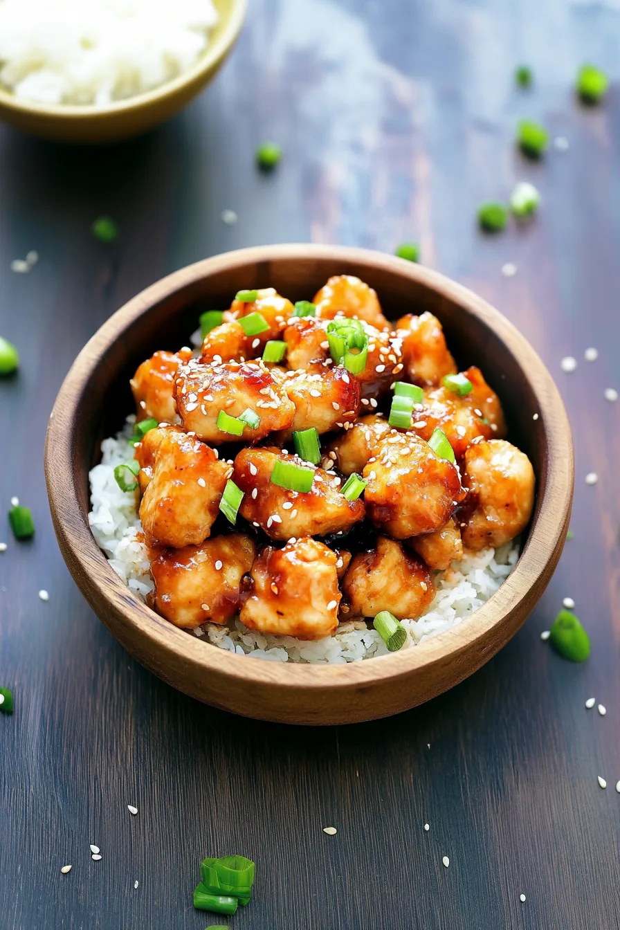 Overhead view of saucy chicken served with steamed rice