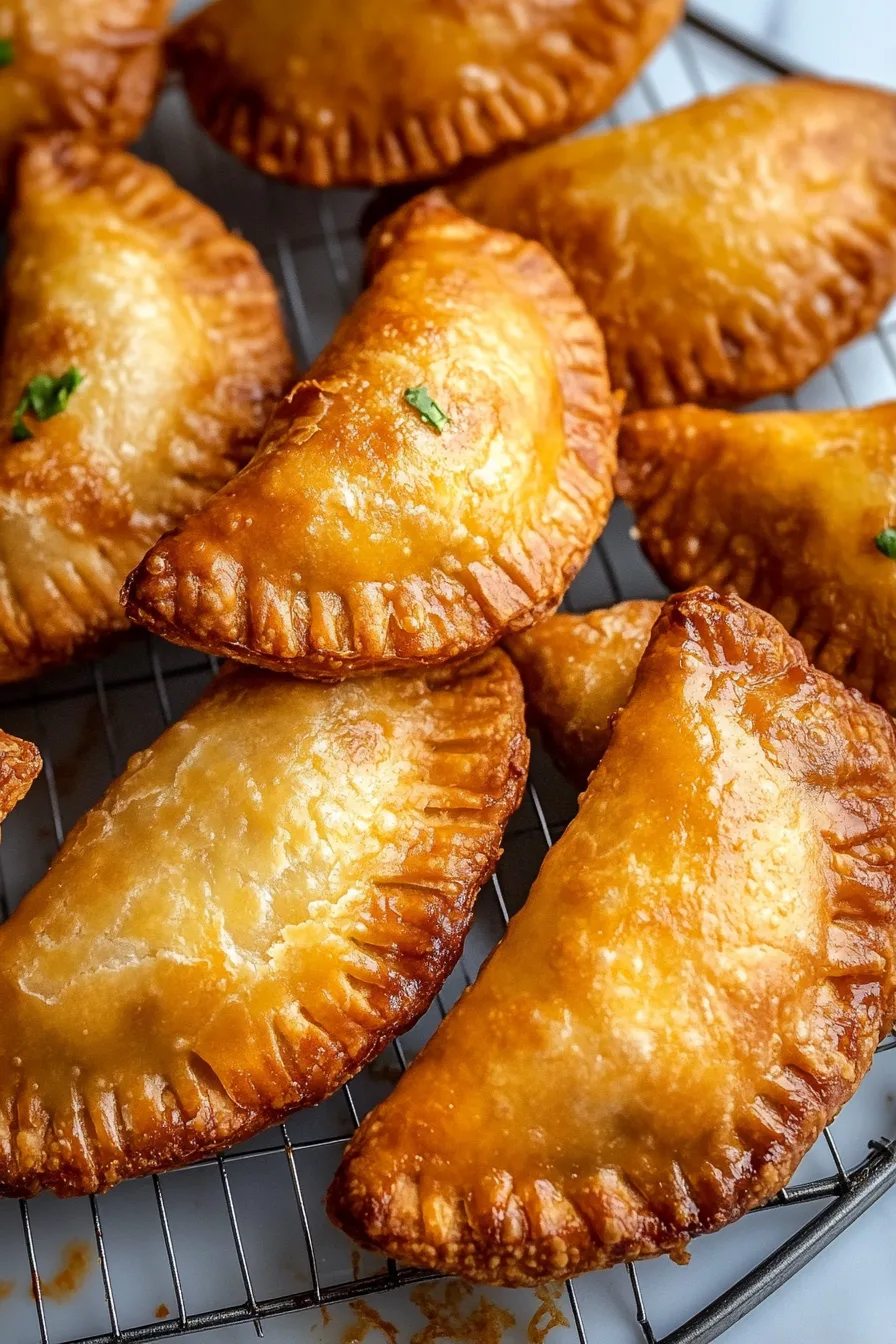Batch of homemade empanadas fresh from the fryer, arranged on a rack.