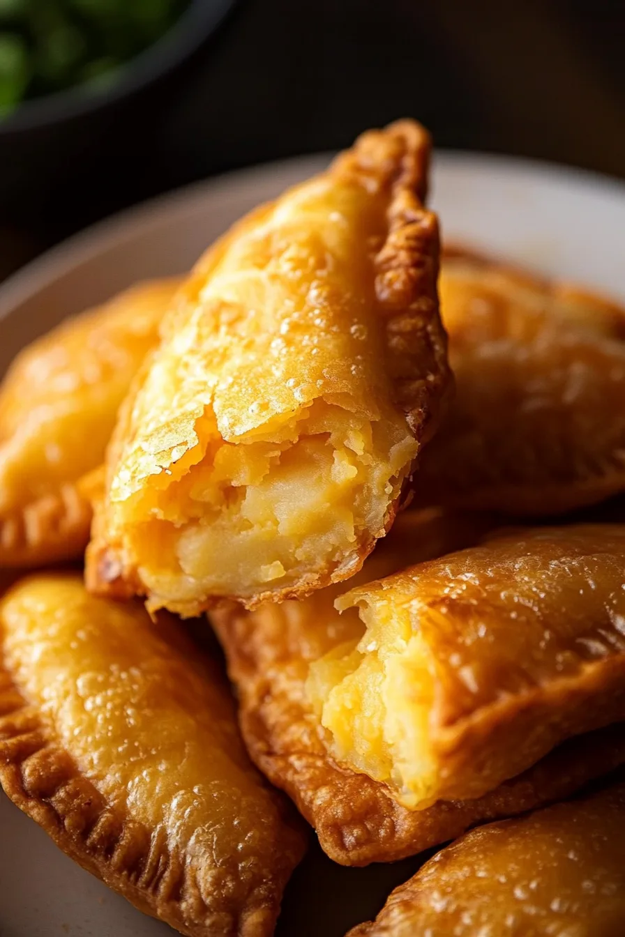 Close-up of crispy pastry pockets with flaky, golden crust.