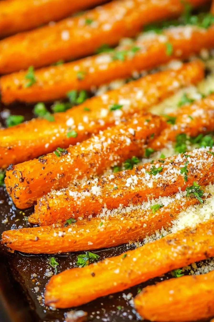 Overhead view of seasoned carrots topped with fresh green parsley.