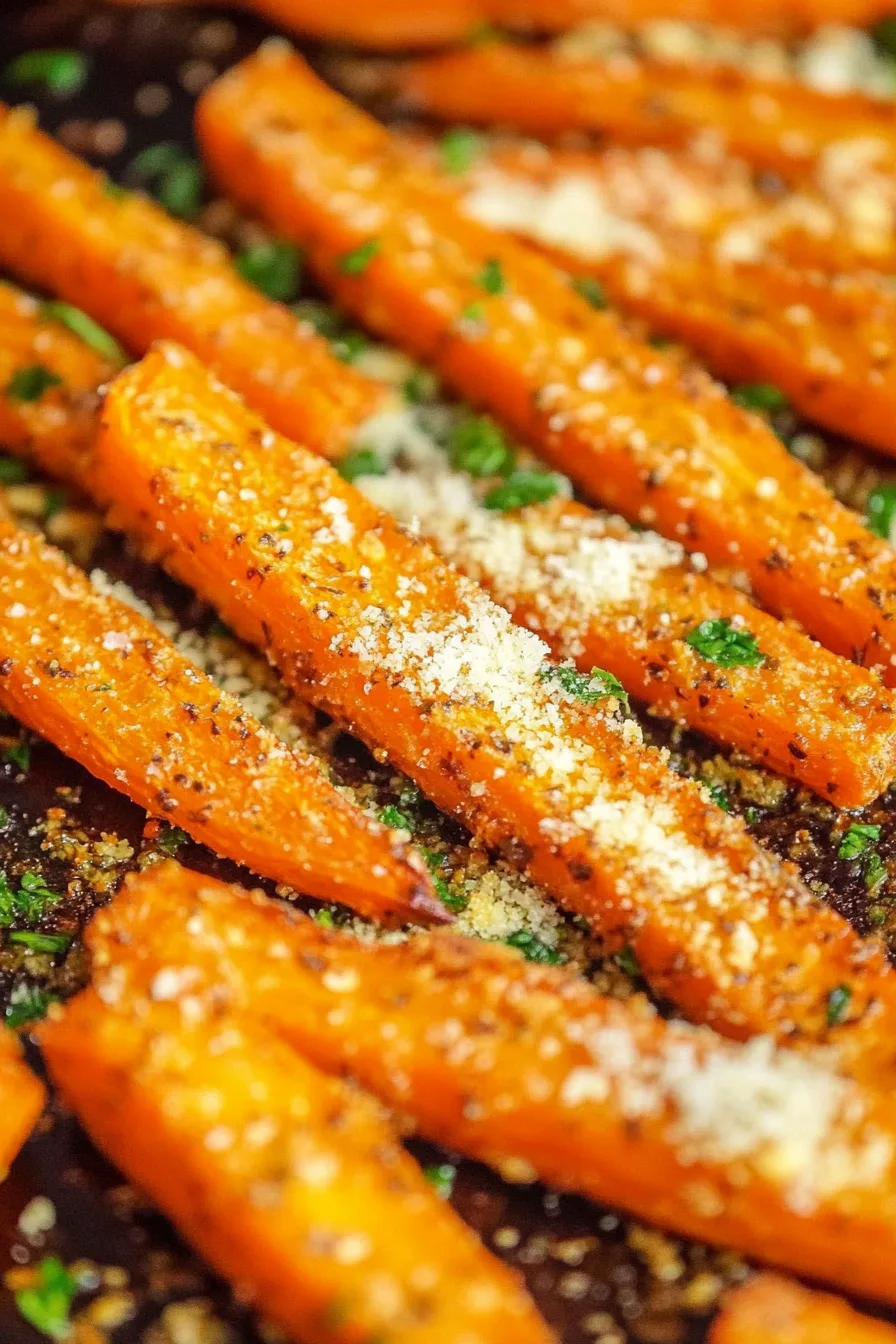 Close-up of tender roasted carrots sprinkled with herbs and cheese.