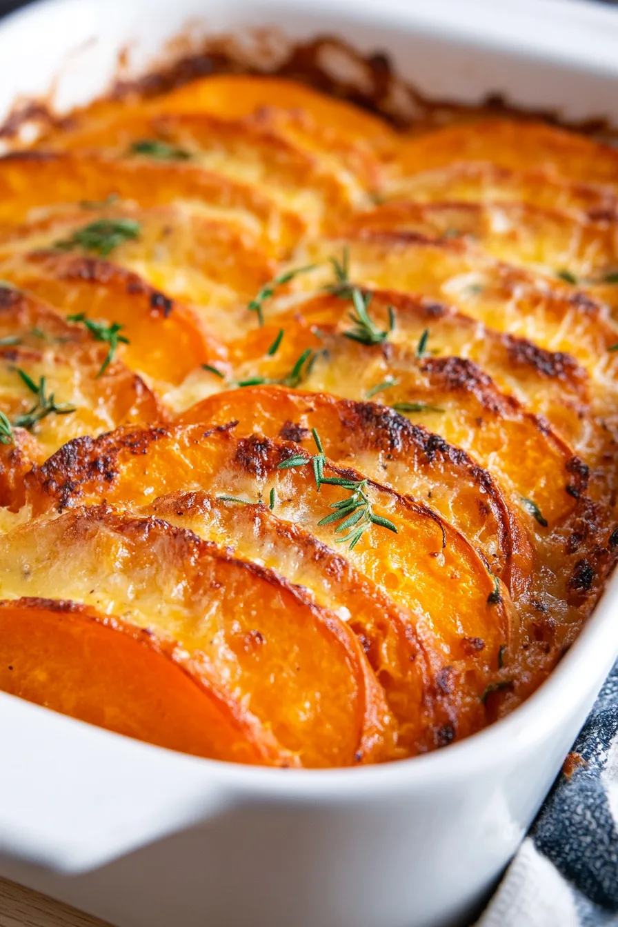 Sliced sweet potatoes arranged in a spiral pattern with a browned cheesy crust
