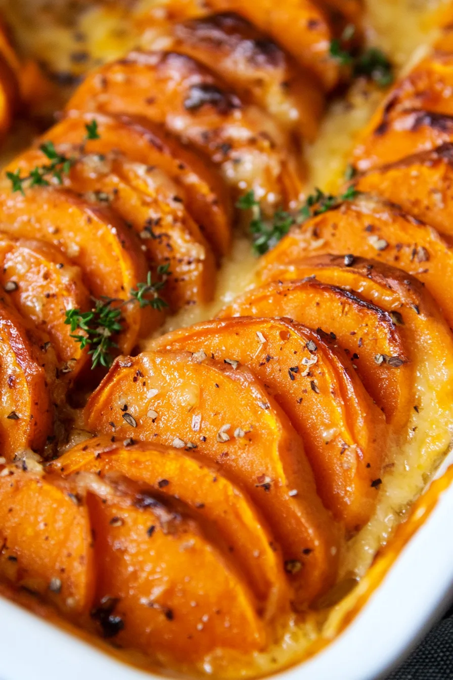 Golden baked sweet potatoes with a crispy top and herb garnish