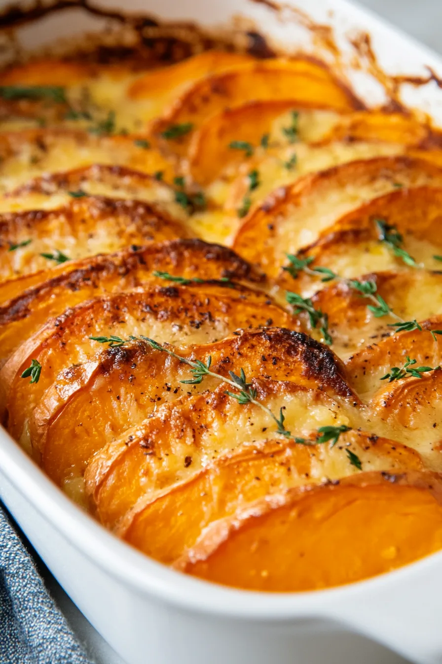 Close-up of tender scalloped sweet potatoes topped with fresh herbs