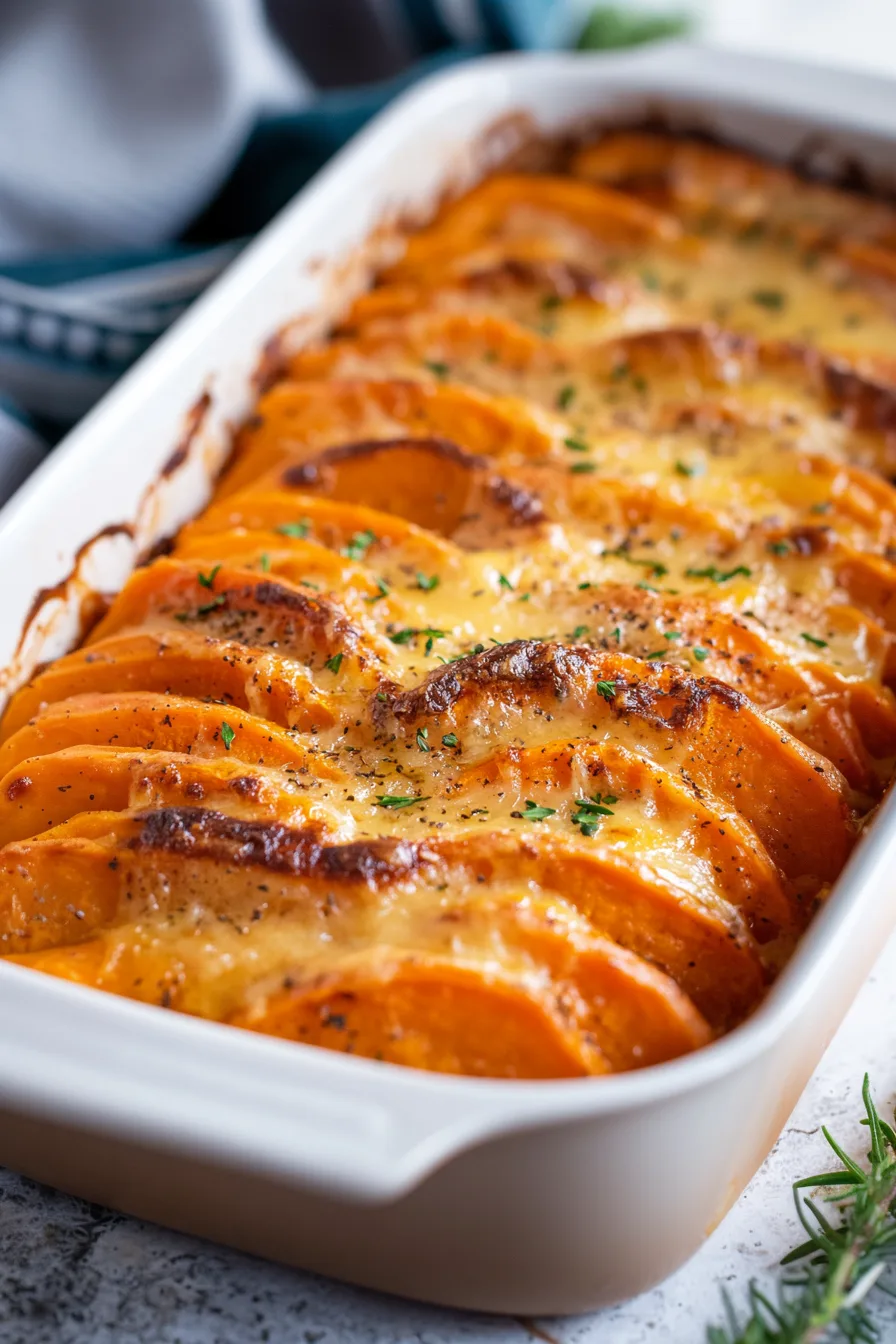 Golden layers of sweet potatoes baked with a creamy garlic sauce in a casserole dish