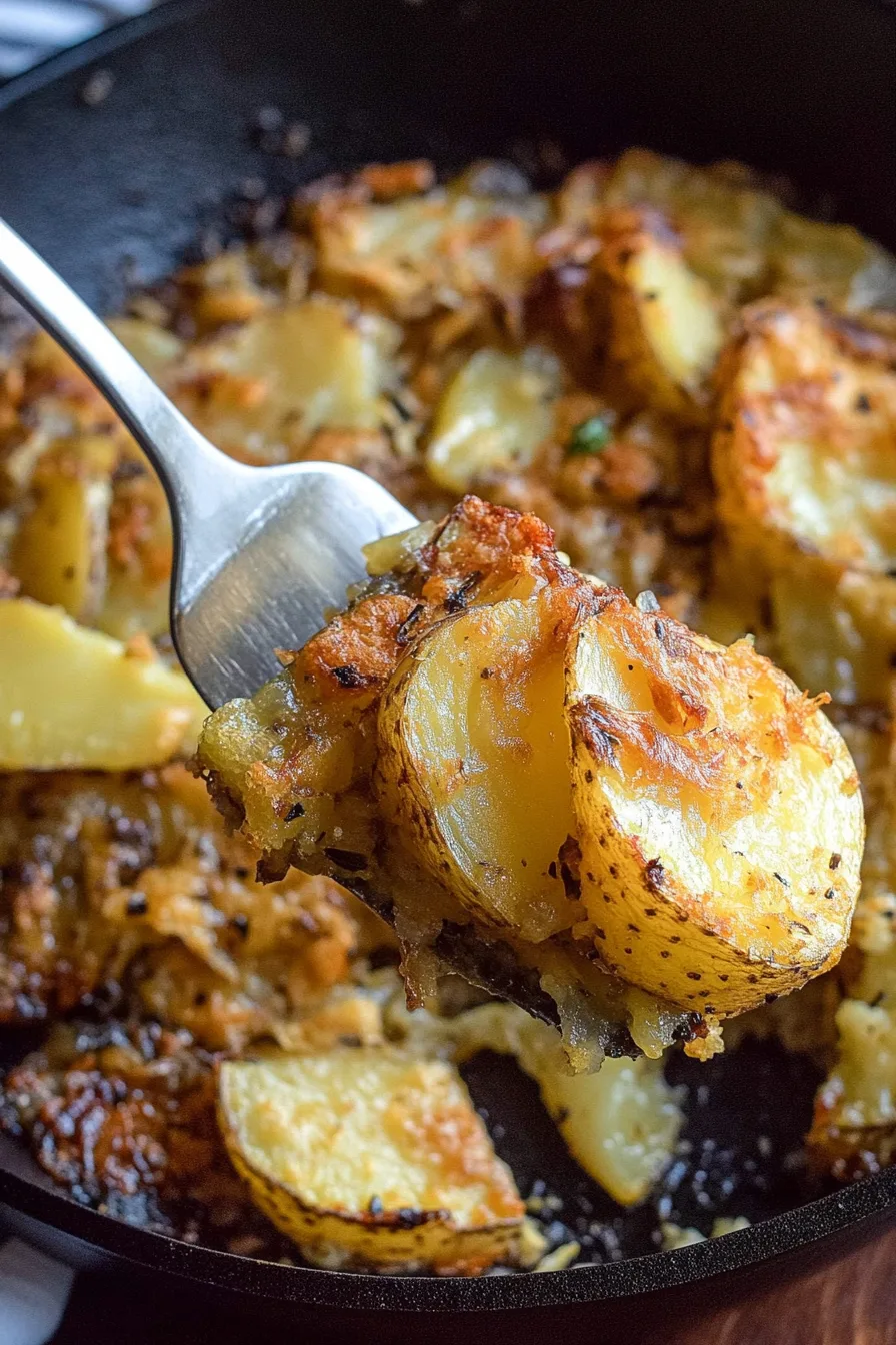 Golden brown potatoes cooked with garlic and herbs in a skillet.