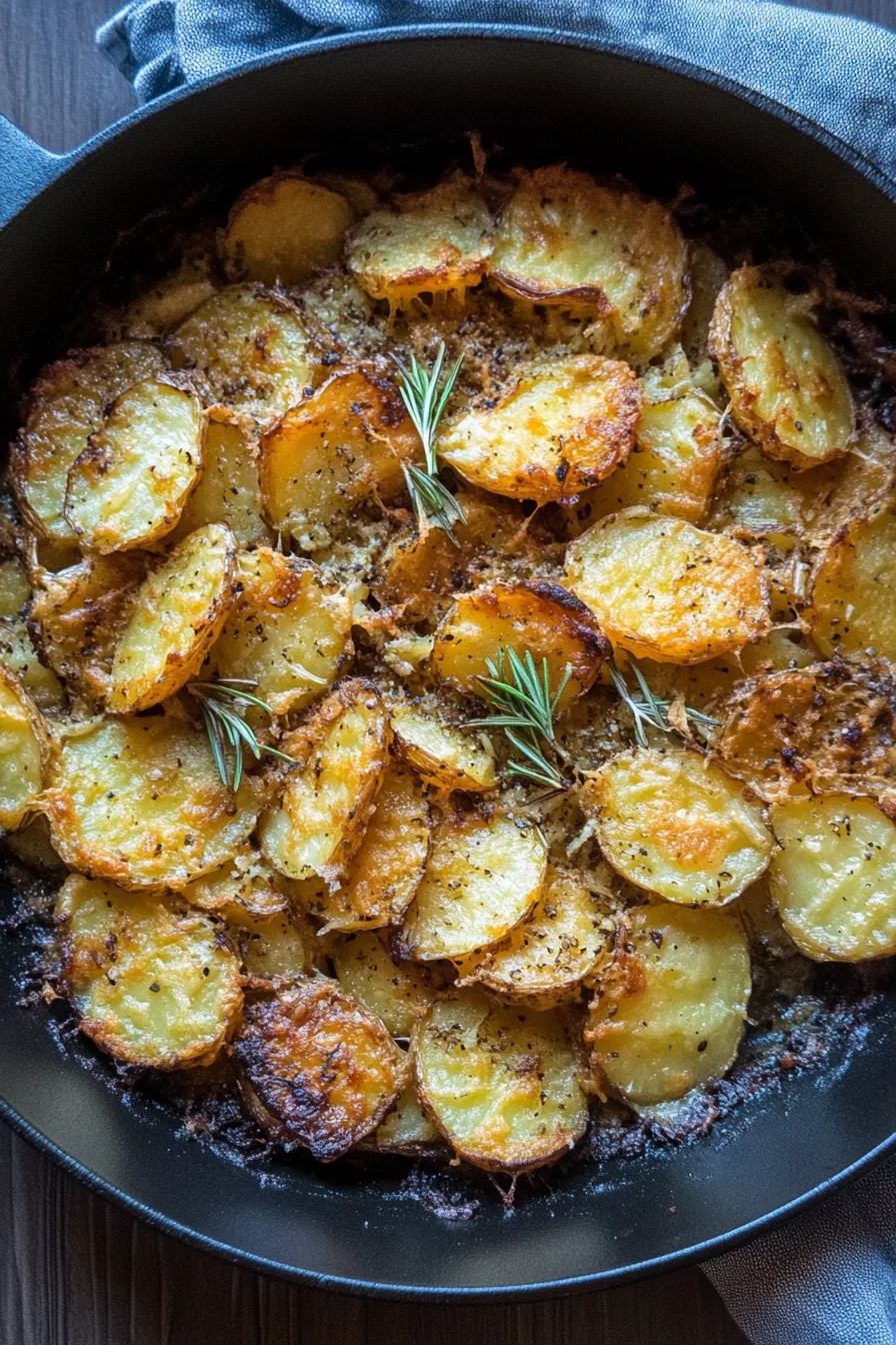 Skillet of pan-fried potatoes with a golden crust and garlic seasoning.