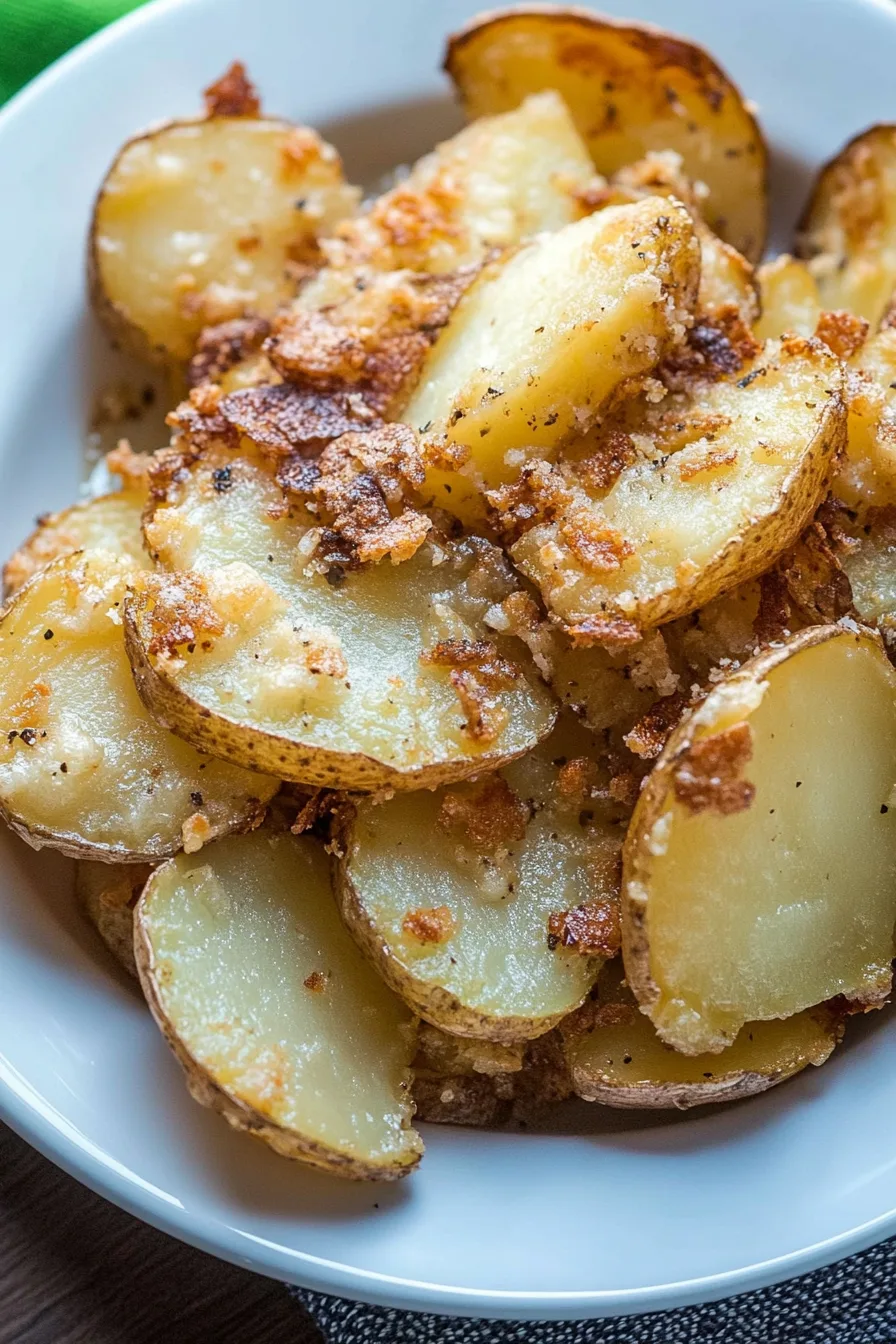 Rustic garlic potatoes served in a cast-iron pan on a wooden table.