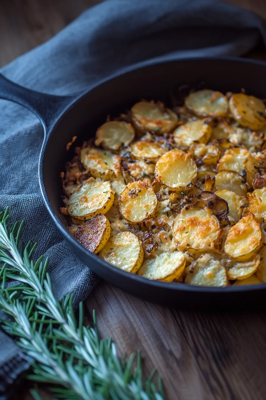 Rustic garlic potatoes served in a cast-iron pan on a wooden table.