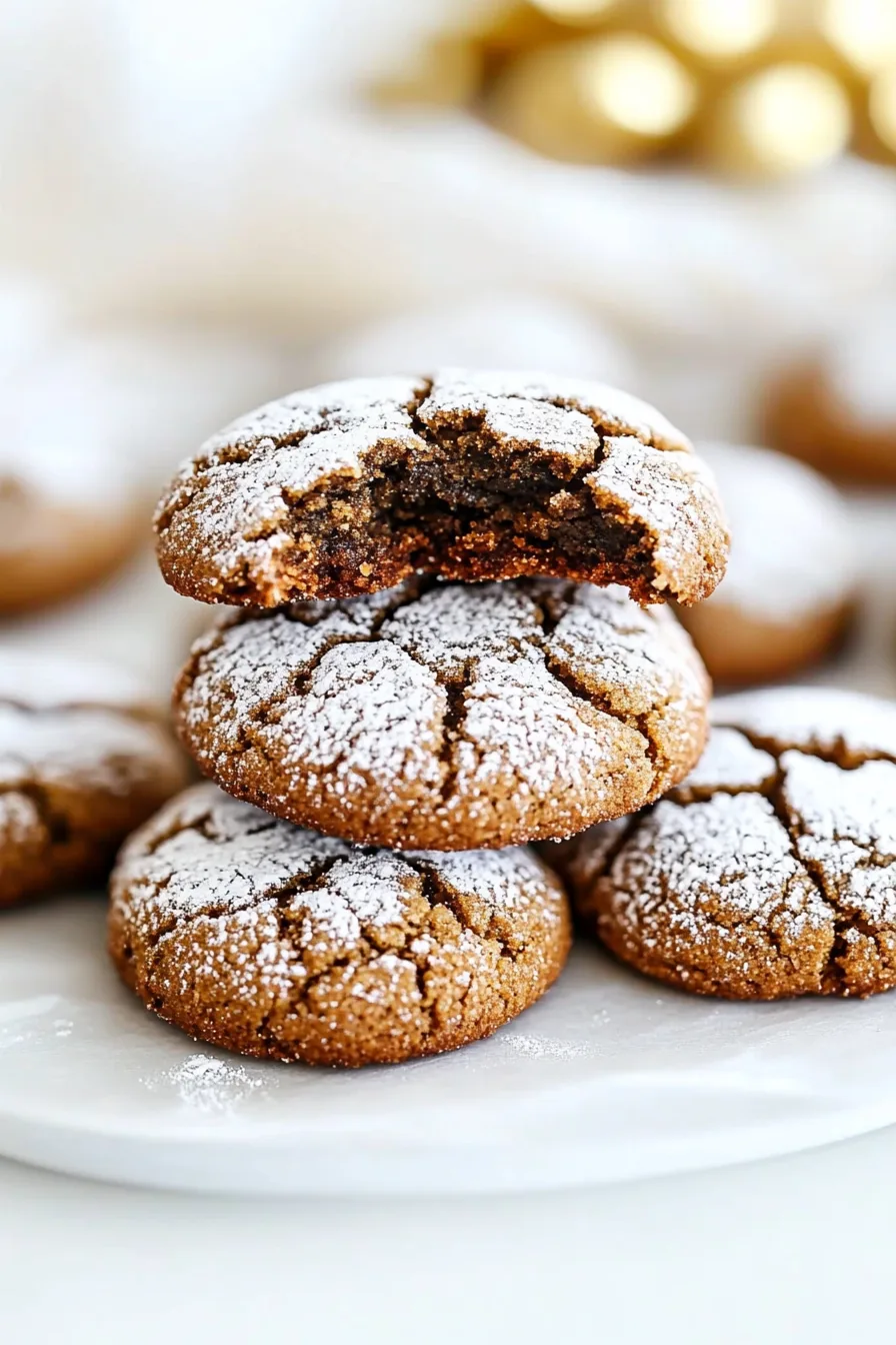 Festive spiced cookies showing a gooey center and sugar-dusted crust.