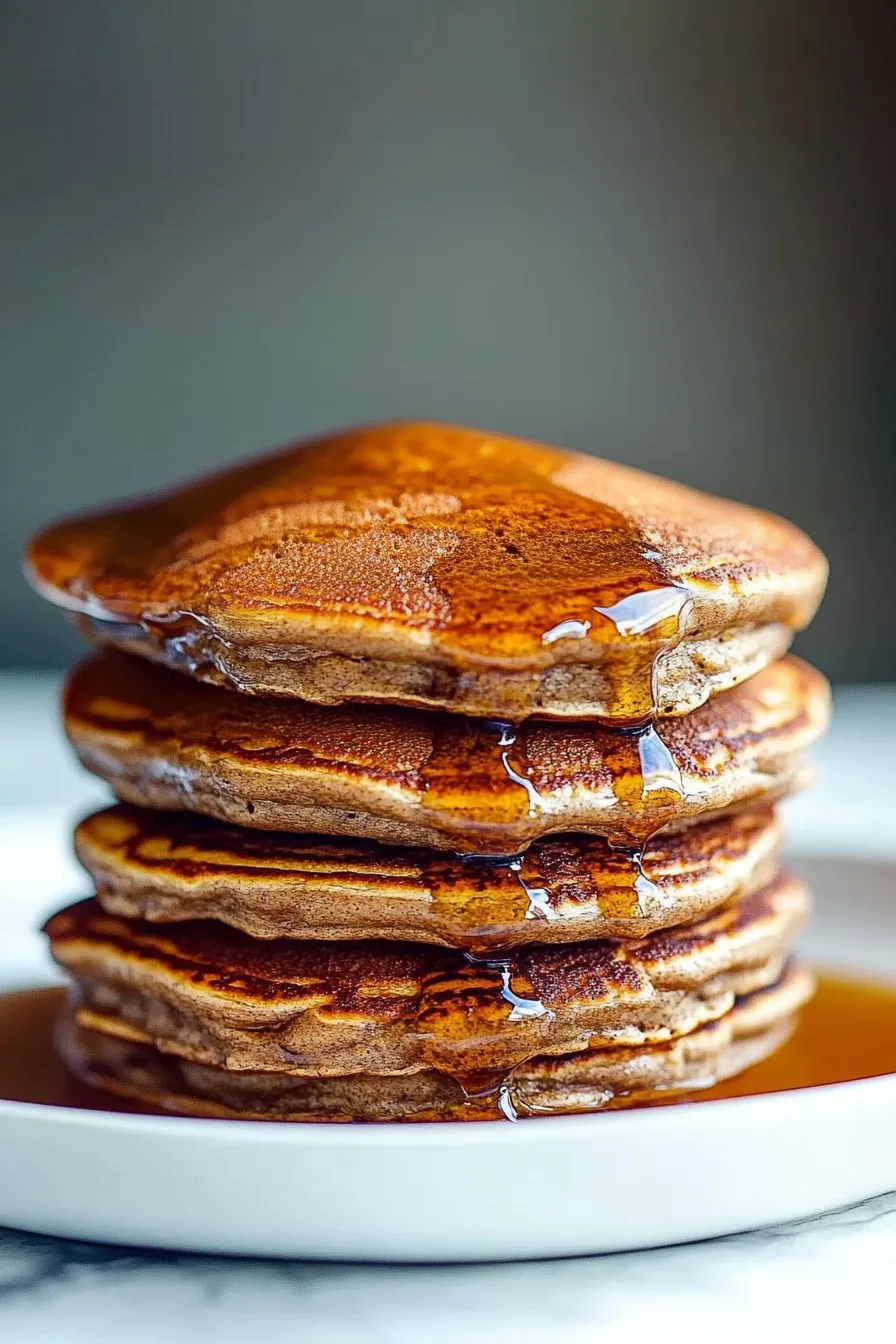 Tall stack of pancakes with syrup cascading down the edges