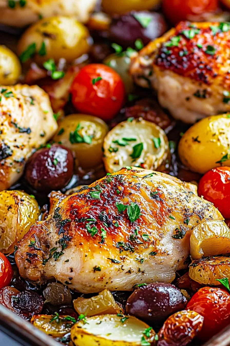Close-up of juicy roasted chicken with Mediterranean vegetables and herbs